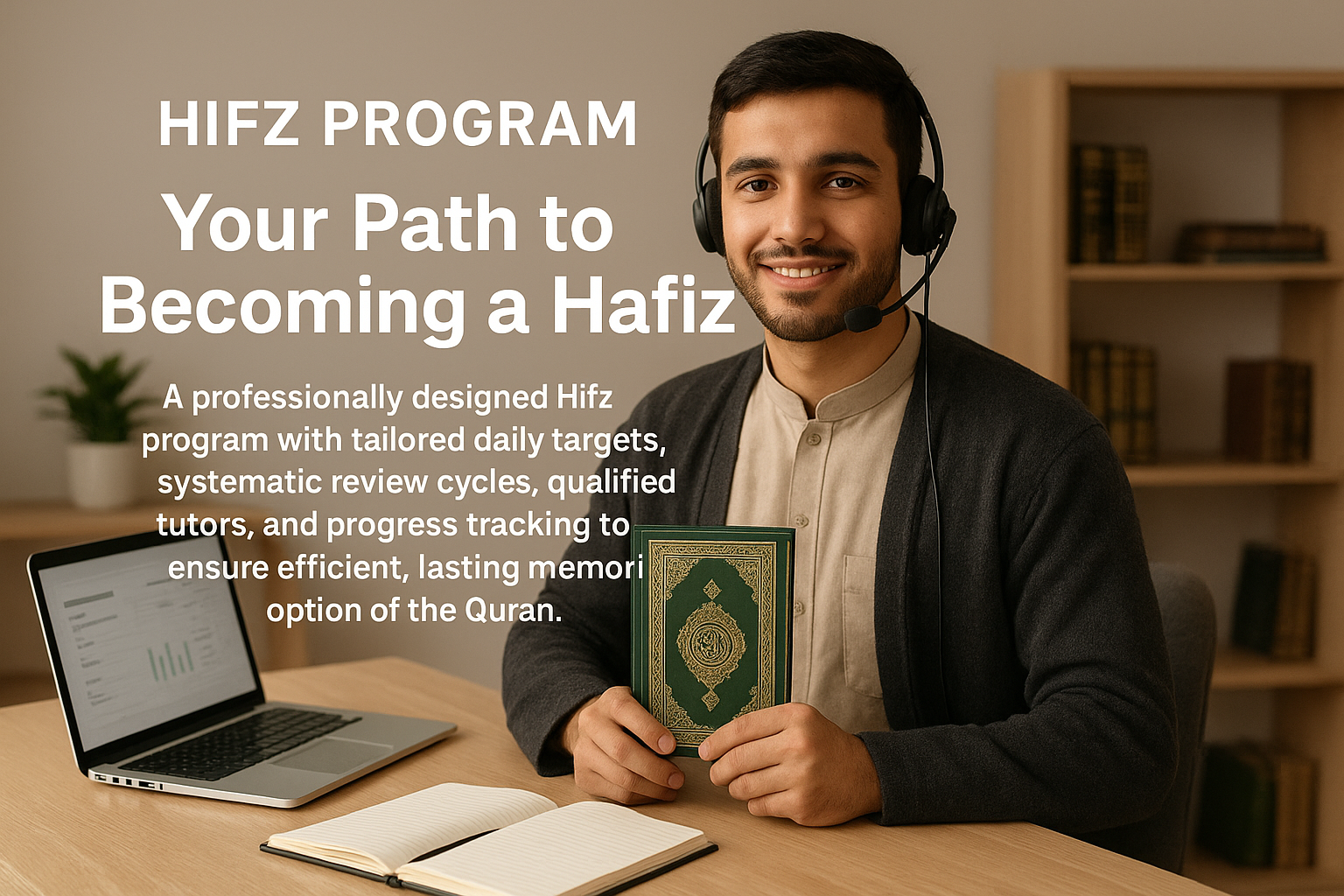 Young man wearing a headset and traditional dress, smiling and holding a green Quran while sitting at a desk with a laptop and notebook.