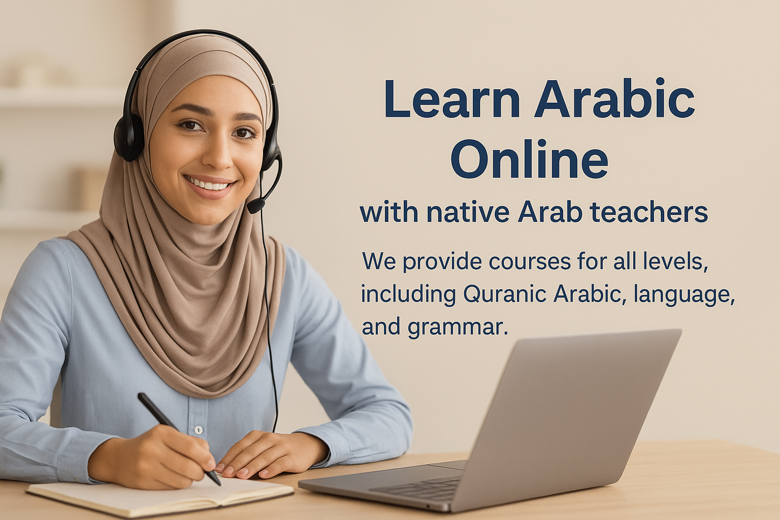 Smiling Arab woman in a beige hijab teaching Arabic online with a laptop and headset.