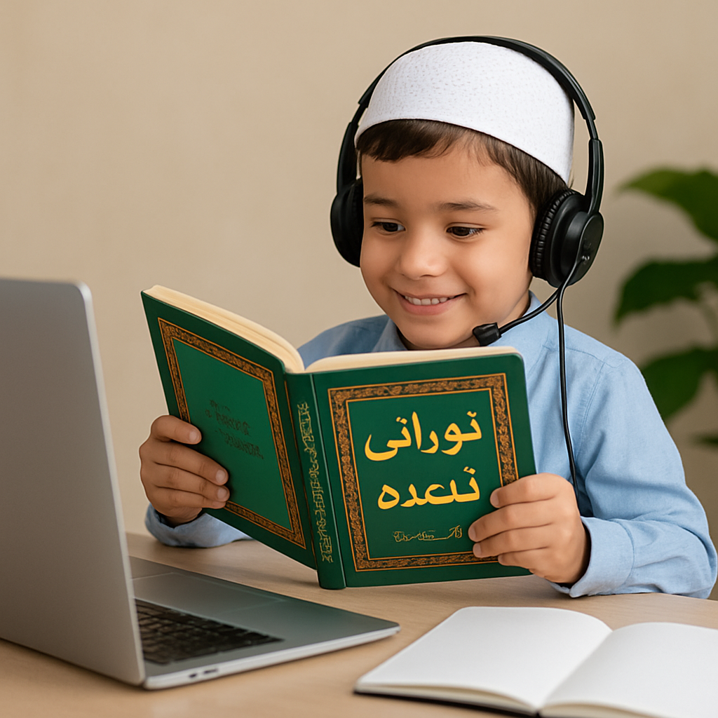 Young boy wearing a white taqiyah and a headset, smiling as he holds a green Noorani Qaida book in front of a laptop during an online lesson.