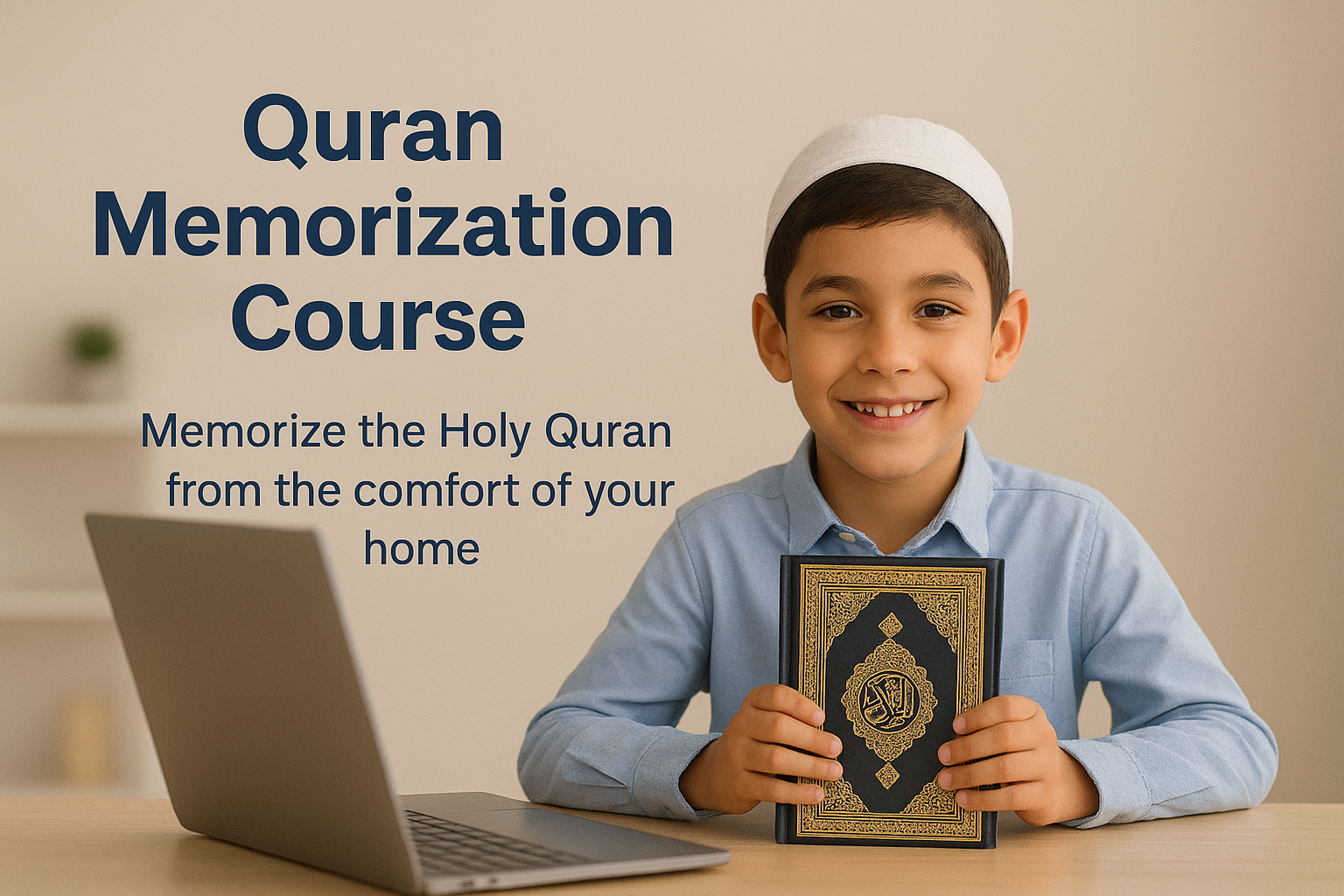 Smiling young boy wearing a white cap holds the Holy Quran in front of a laptop, promoting an online Quran memorization course.