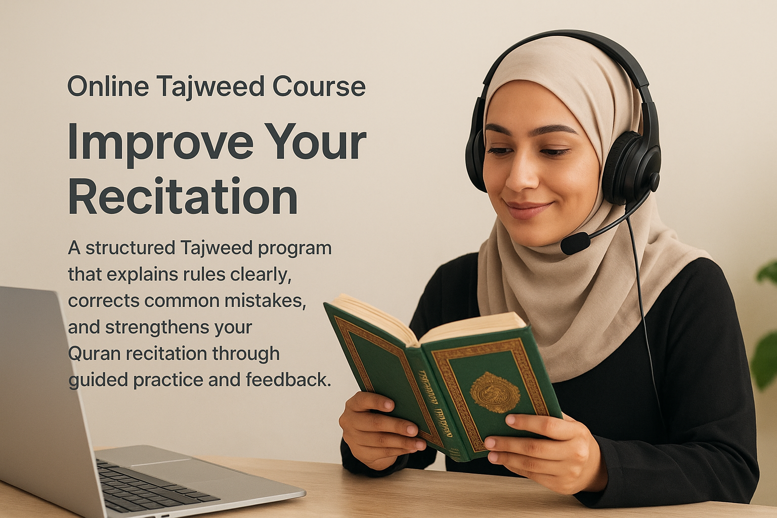 Woman in a beige hijab wearing a headset, smiling while reading a green Quran next to a laptop during an online Tajweed lesson.