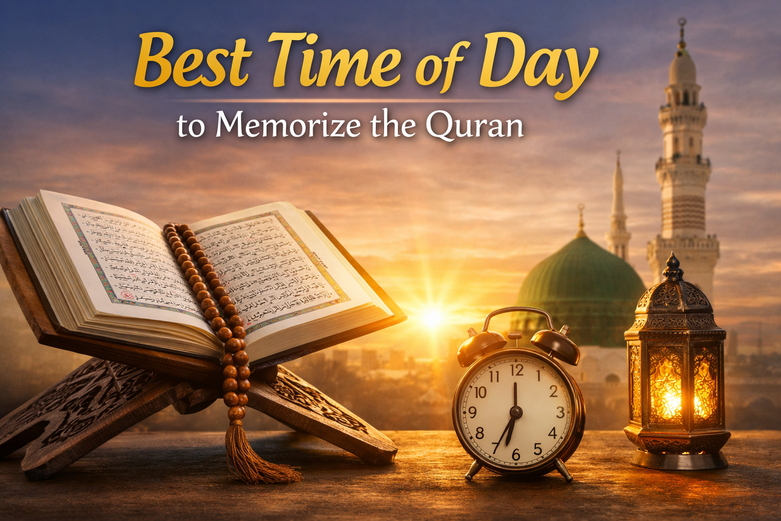 Open Quran on a wooden stand at sunrise, symbolizing the best time of day to memorize the Quran