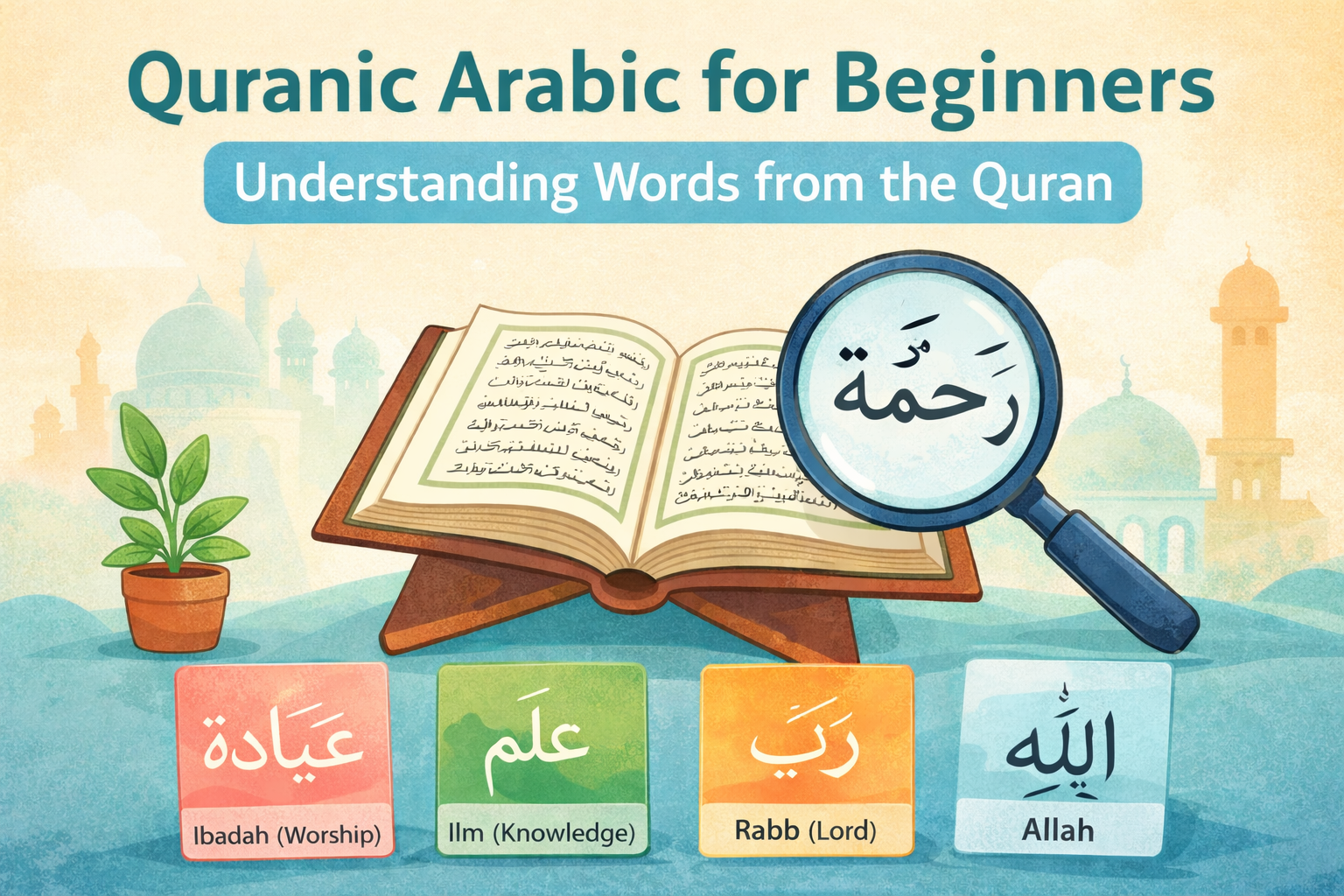 Educational illustration showing common Quranic Arabic words such as Allah, Rabb, Ilm, and Ibadah to help beginners understand Quranic vocabulary.