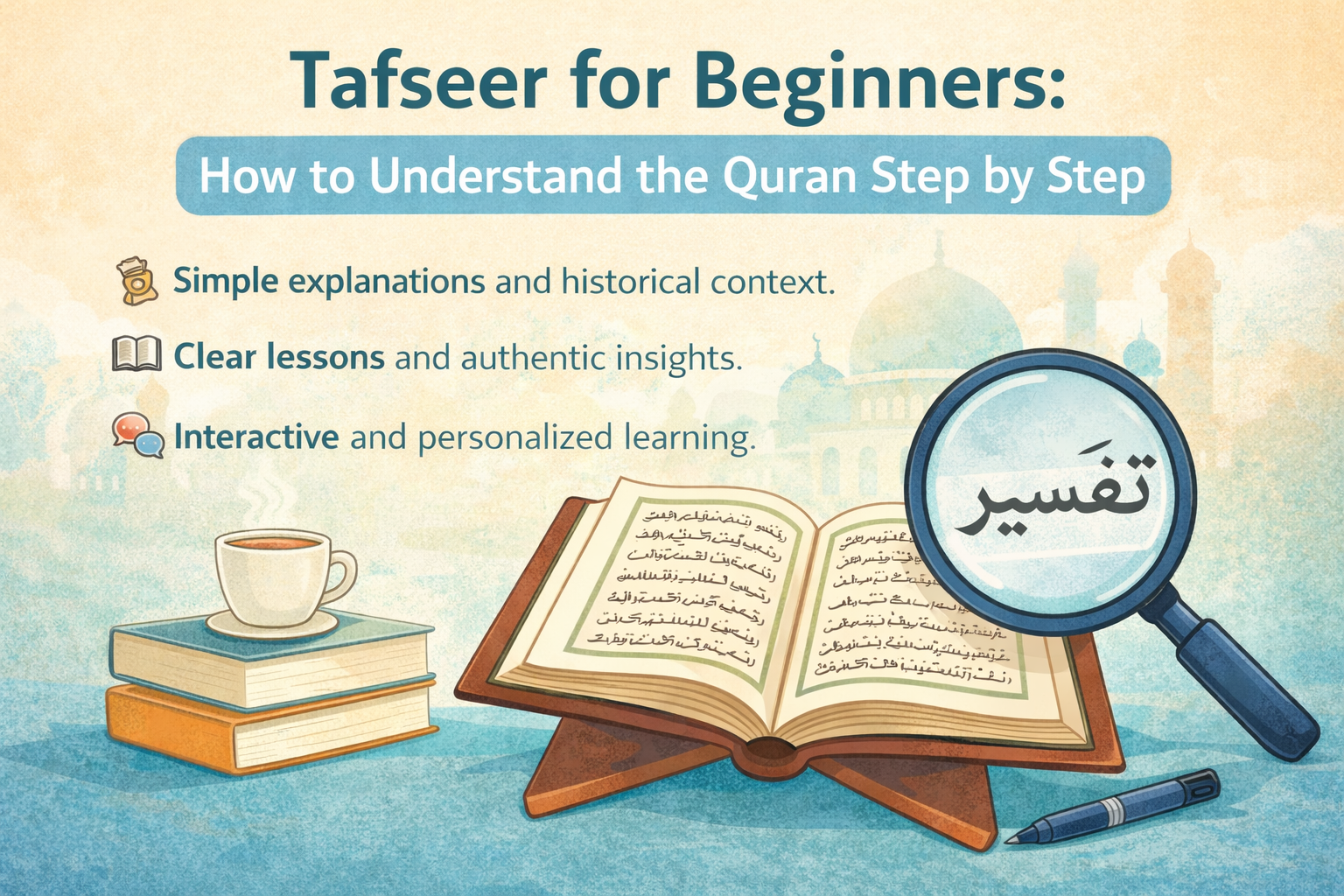 Illustration of an open Quran with study tools representing Tafseer for beginners and step-by-step understanding of the Quran.