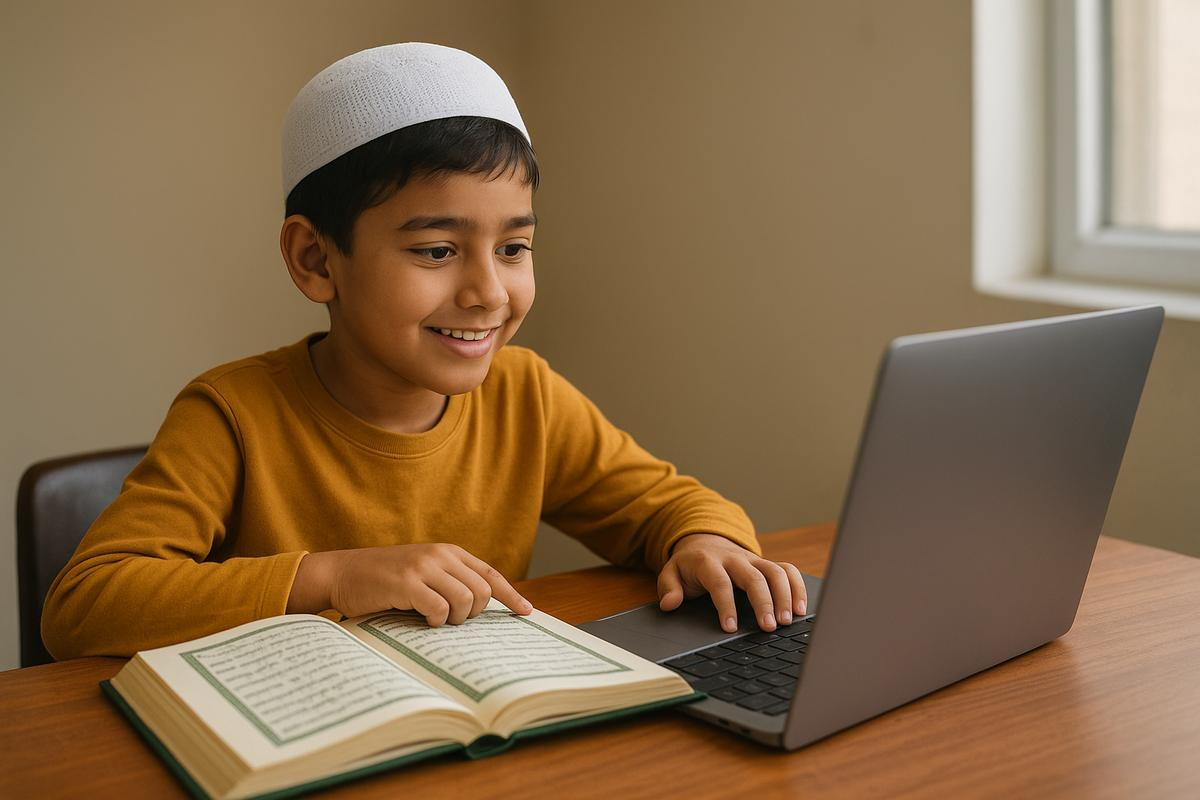 Child learning the Holy Quran online with a tutor, practicing Noorani Qaida and correct pronunciation in a friendly home setting.