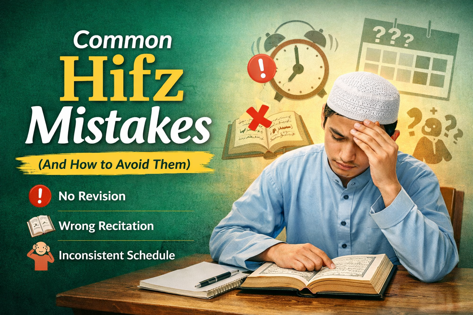 Beginner Quran student reviewing memorization mistakes during Hifz practice