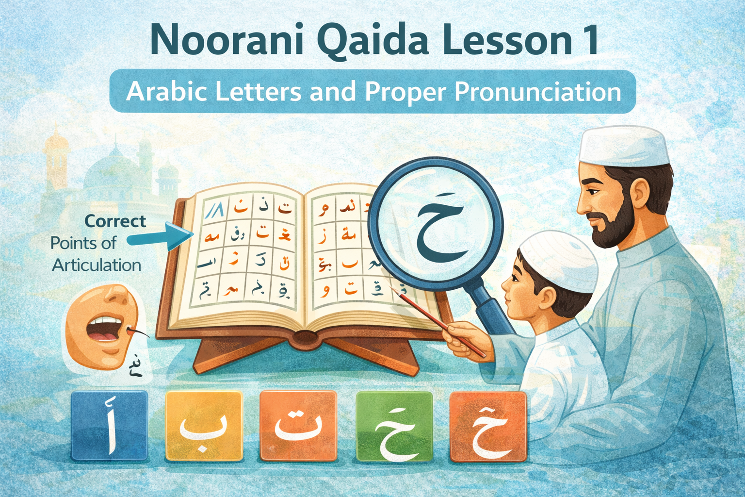 Illustration of Noorani Qaida Lesson 1 showing Arabic letters with correct pronunciation and points of articulation for beginner Quran learners