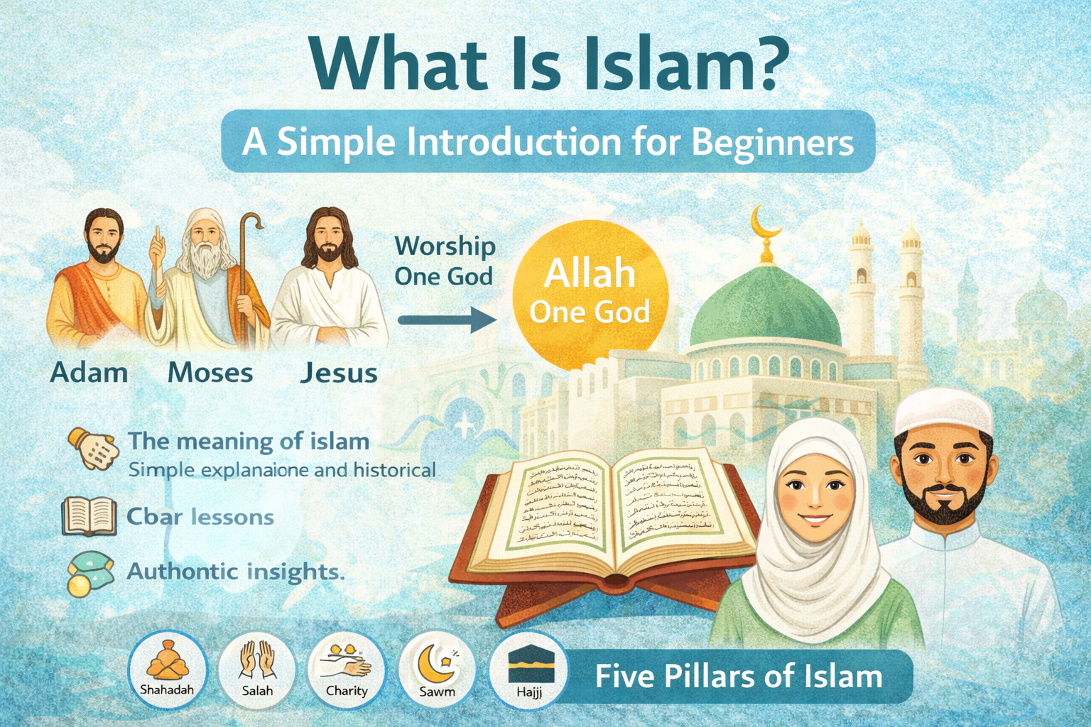 Illustration explaining what Islam is, showing belief in one God, the Quran, and the Five Pillars of Islam for beginners.