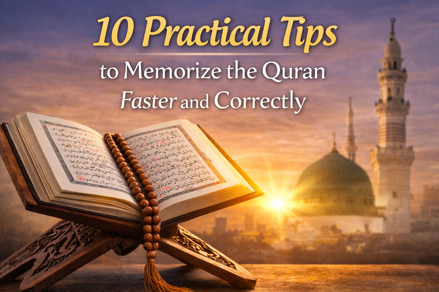 Open Quran on a wooden stand at sunrise with mosque background, representing practical tips to memorize the Quran faster