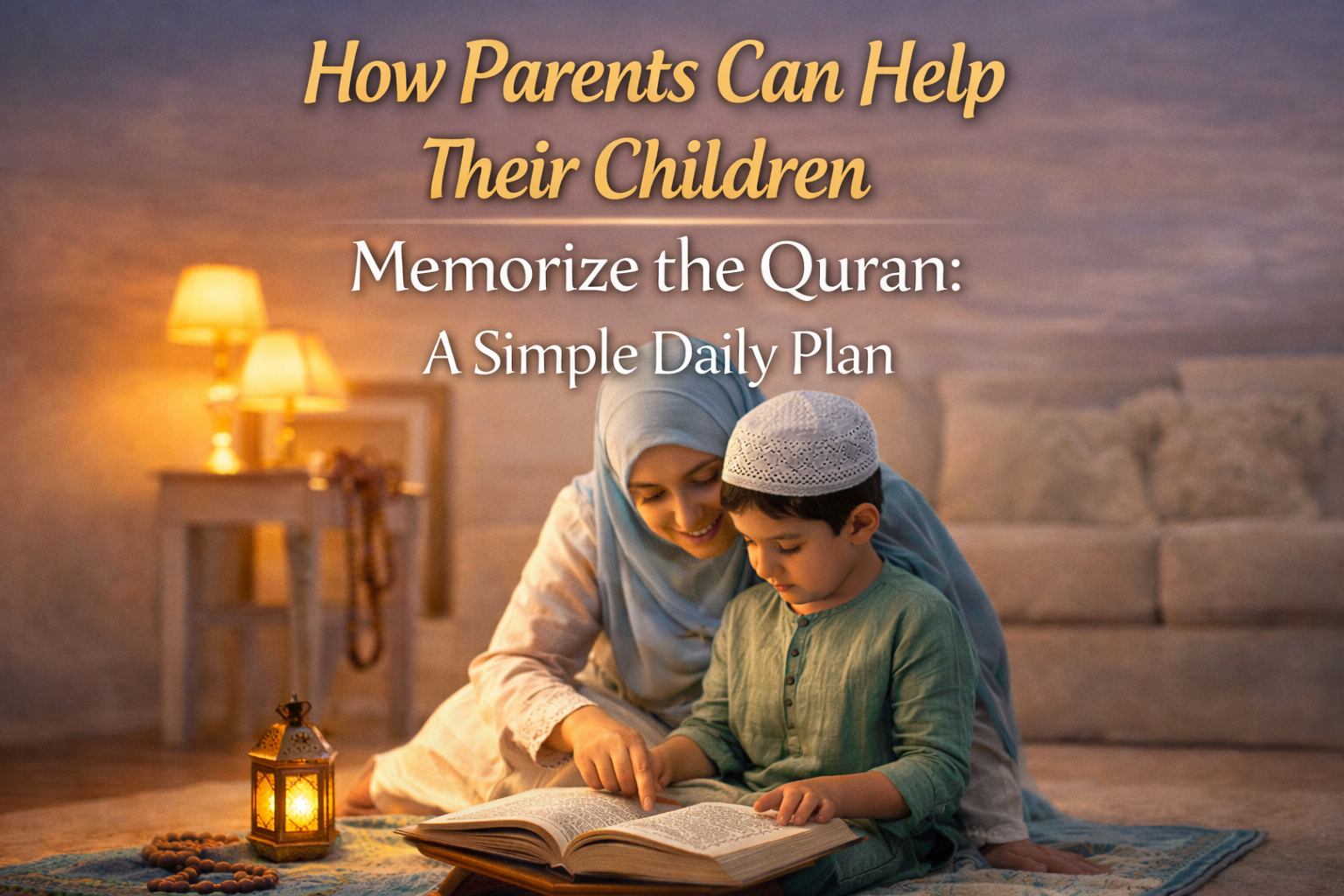 Muslim mother helping her child memorize the Quran at home in a calm and supportive environment