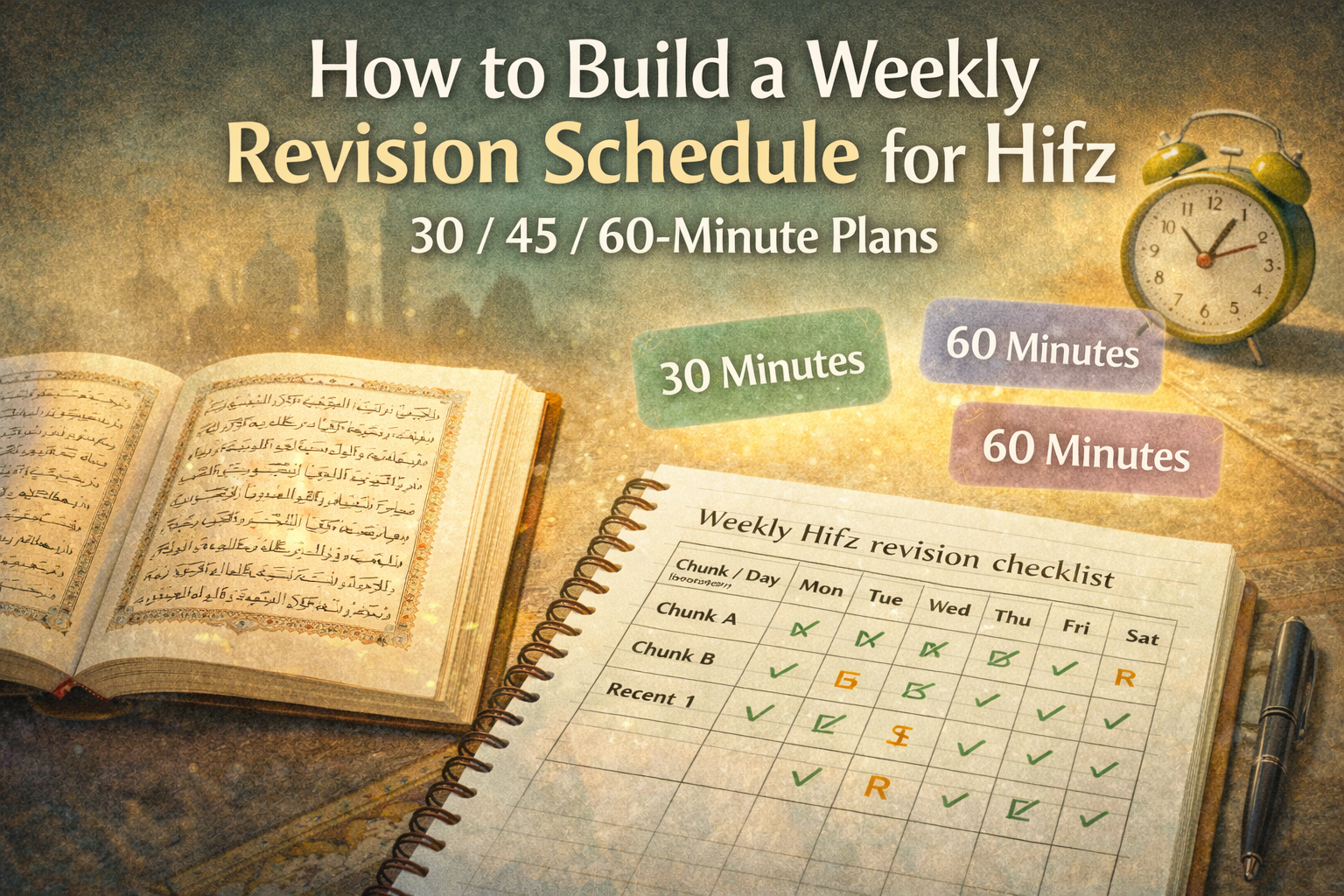 Weekly Hifz revision schedule template and notebook for Quran memorization