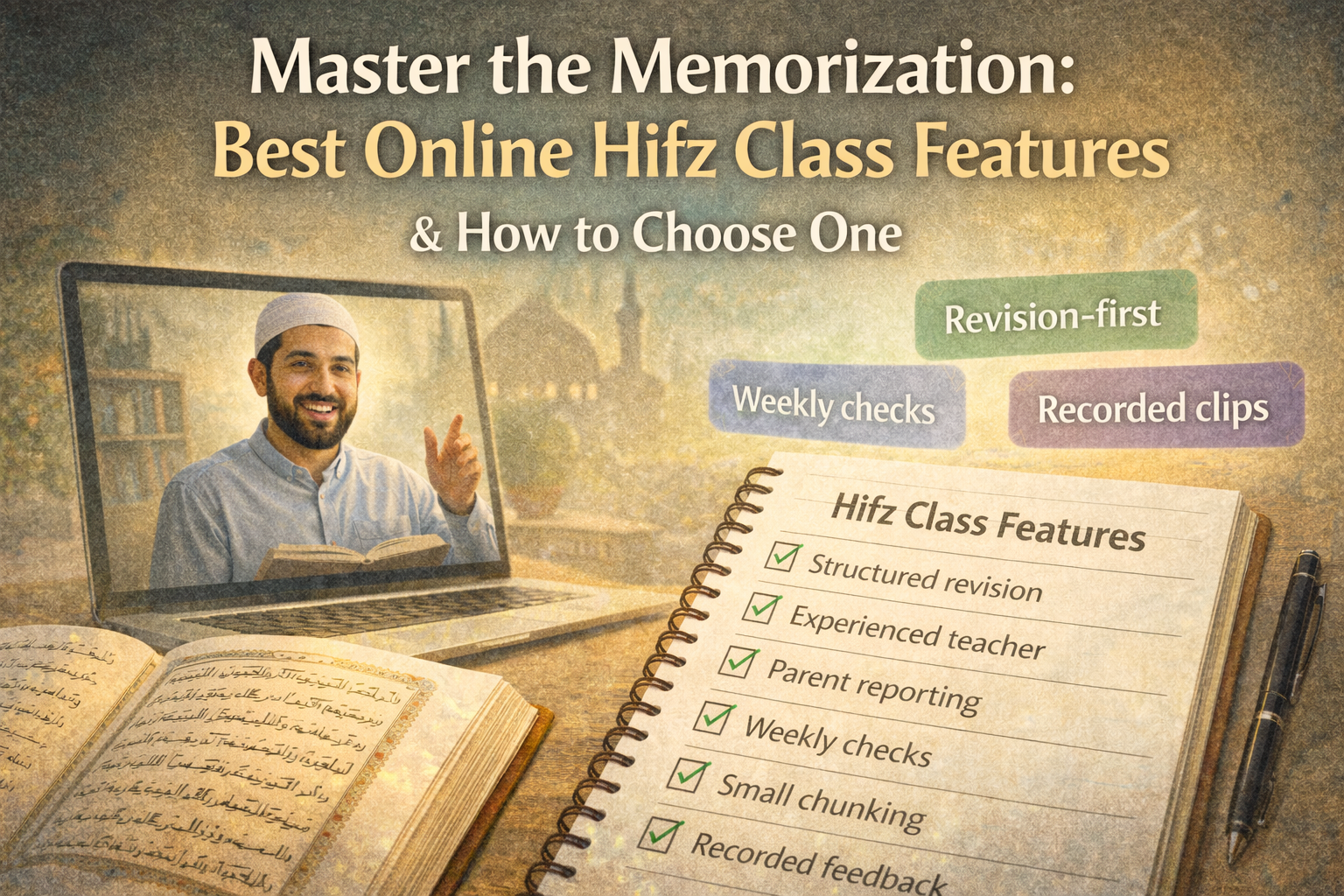 Online Hifz class features showing Quran memorization with teacher guidance and revision checklist