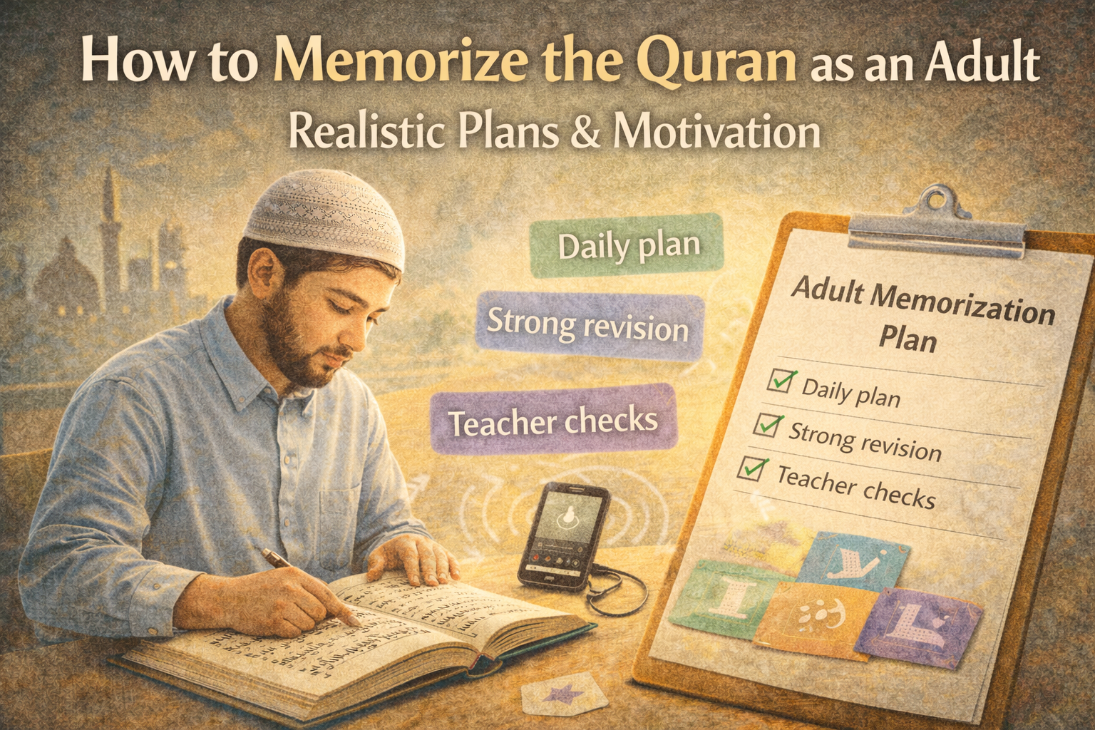 Adult memorizing Quran with a daily checklist and audio playback for practice