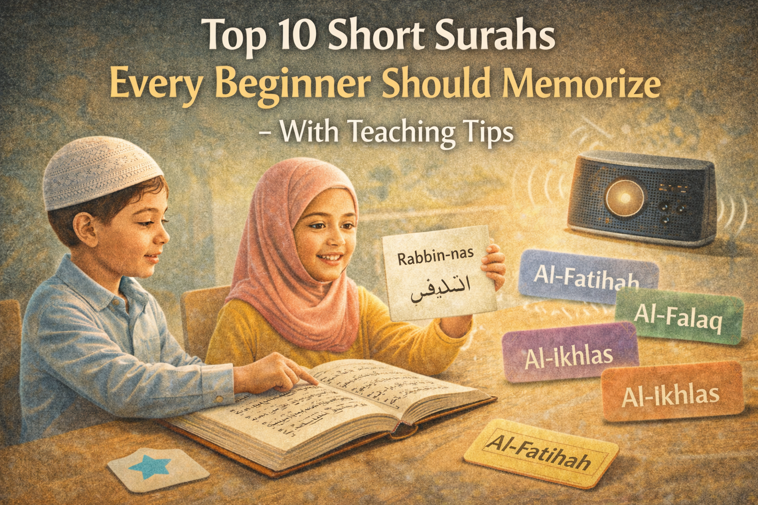 Beginner children learning short surahs with finger tracking and flashcards