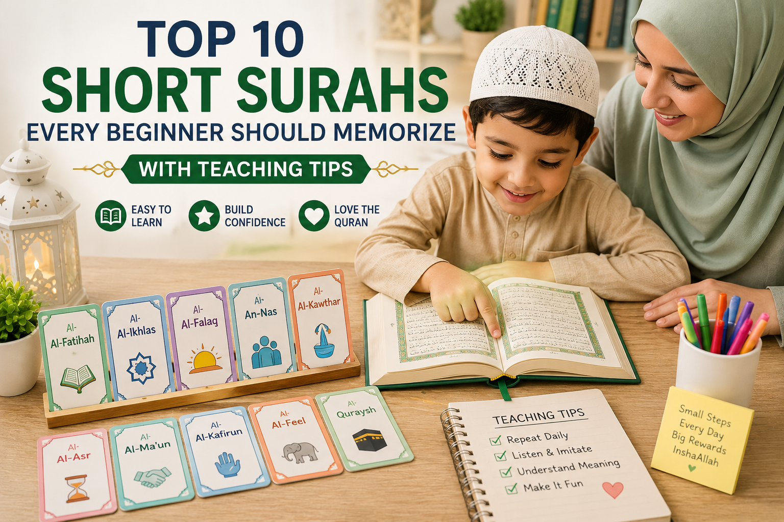 Child learning short surahs with Quran and educational flashcards